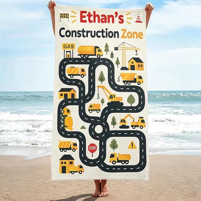 Vestin Telo da spiaggia personalizzato - ZONA DI COSTRUZIONE - con Nome personalizzato - asciugamano da bagno asciugamano da piscina asciugamano da spiaggia per vacanze