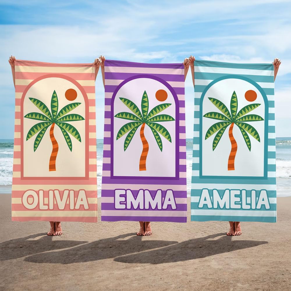 Vestin Telo da spiaggia personalizzato - STRISCE CON PALME - con Nome personalizzato - asciugamano da bagno asciugamano da piscina asciugamano da spiaggia per vacanze