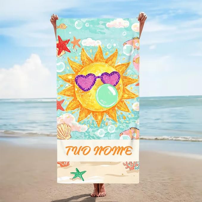 Vestin Telo da spiaggia personalizzato - SOLE DIVERTENTE - con Nome personalizzato - asciugamano da bagno asciugamano da piscina asciugamano da spiaggia per vacanze