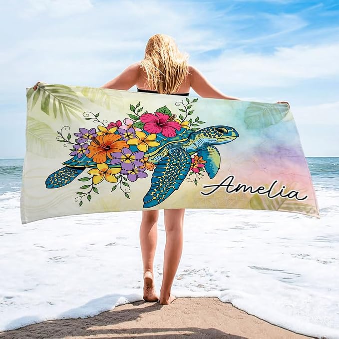 Vestin Telo da spiaggia personalizzato - TARTARUGA FLOREALE - con Nome personalizzato - asciugamano da bagno asciugamano da piscina asciugamano da spiaggia per vacanze