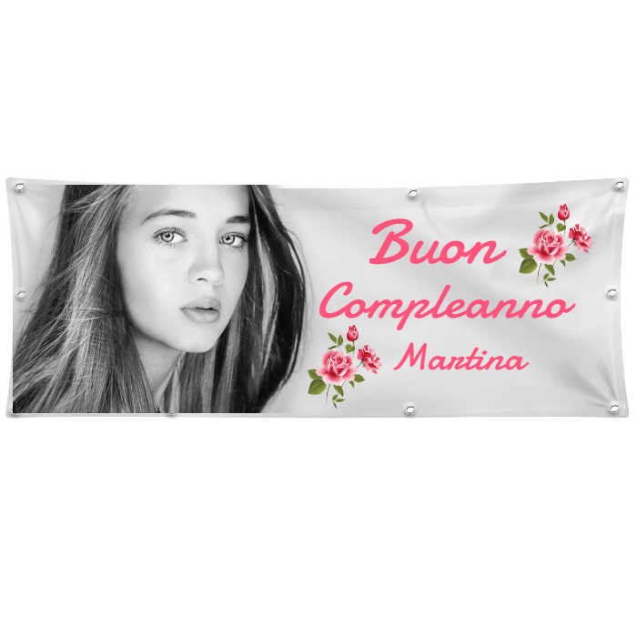 GLOBAL STRISCIONE FONDALE COMPLEANNO - COMPLEANNO RAGAZZA CON FOTO E NOME PERSONALIZZATI - IN CARTA O IN BANNER PVC ANCHE DA ESTERNO GARANZIA 5 ANNI