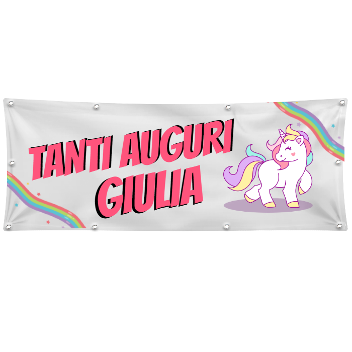GLOBAL STRISCIONE FONDALE COMPLEANNO - COMPLEANNO UNICORNO - CON NOME PERSONALIZZATO IN CARTA O IN BANNER PVC ANCHE DA ESTERNO GARANZIA 5 ANNI