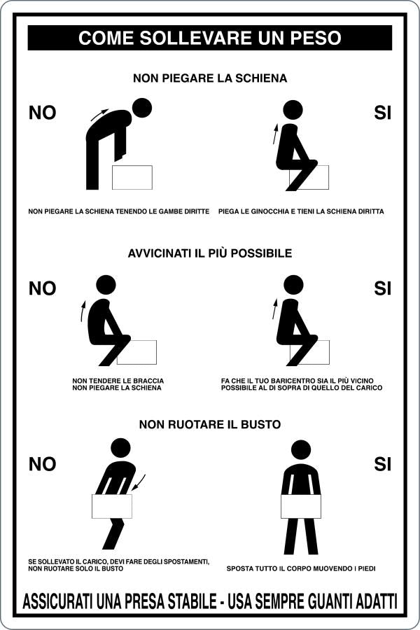 GLOBAL CARTELLO SEGNALETICO - COME SOLLEVARE UN PESO - ISTRUZIONI - Adesivo Resistente, Pannello in Forex, Pannello In Alluminio
