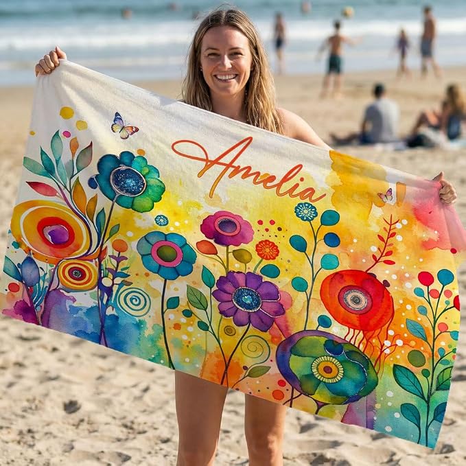 Vestin Telo da spiaggia personalizzato - FIORI ACQUERELLI ROSA - con Nome personalizzato - asciugamano da bagno asciugamano da piscina asciugamano da spiaggia per vacanze