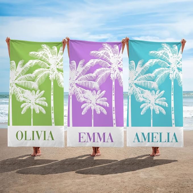 Vestin Telo da spiaggia personalizzato - PALME BIANCHE CON SFONDO - con Nome personalizzato - asciugamano da bagno asciugamano da piscina asciugamano da spiaggia per vacanze