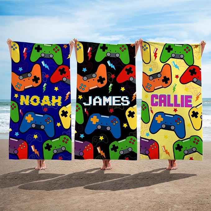 Vestin Telo da spiaggia personalizzato - GAMEPAD MULTICOLORE - con Nome personalizzato - asciugamano da bagno asciugamano da piscina asciugamano da spiaggia per vacanze