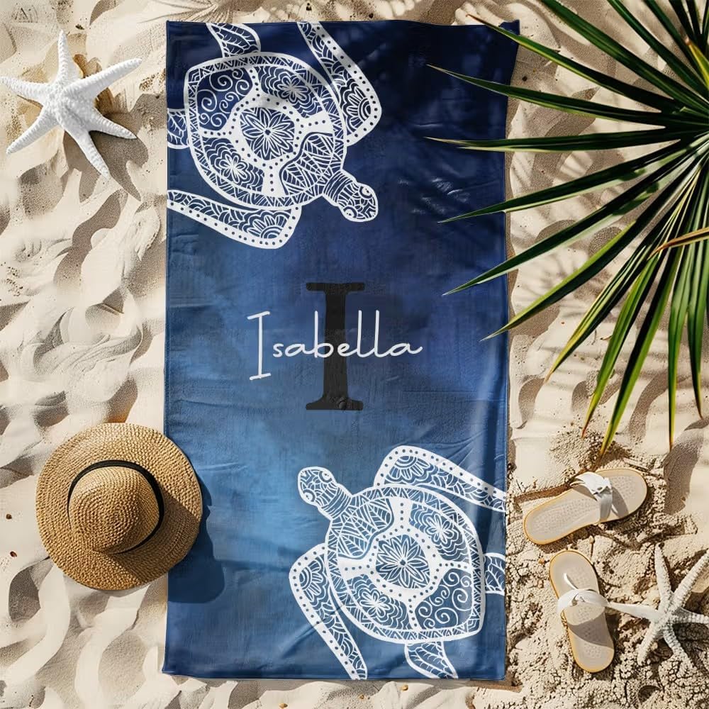 Vestin Telo da spiaggia personalizzato - TARTARUGA MANDALA CON INIZIALE - con Nome personalizzato - asciugamano da bagno asciugamano da piscina asciugamano da spiaggia per vacanze