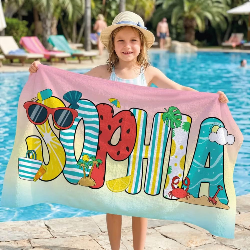 Vestin Telo da spiaggia personalizzato - NOME COLORATO ESTIVO PERSONALIZZATO - con Nome personalizzato - asciugamano da bagno asciugamano da piscina asciugamano da spiaggia per vacanze