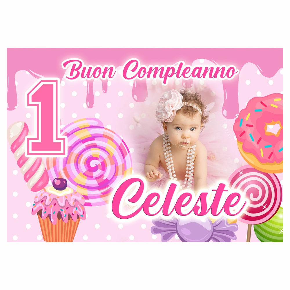 GLOBAL STRISCIONE FONDALE COMPLEANNO - Candy Caramelle - STRISCIONE PERSONALIZZATO IN CARTA O IN BANNER PVC ANCHE DA ESTERNO GARANZIA 5 ANNI