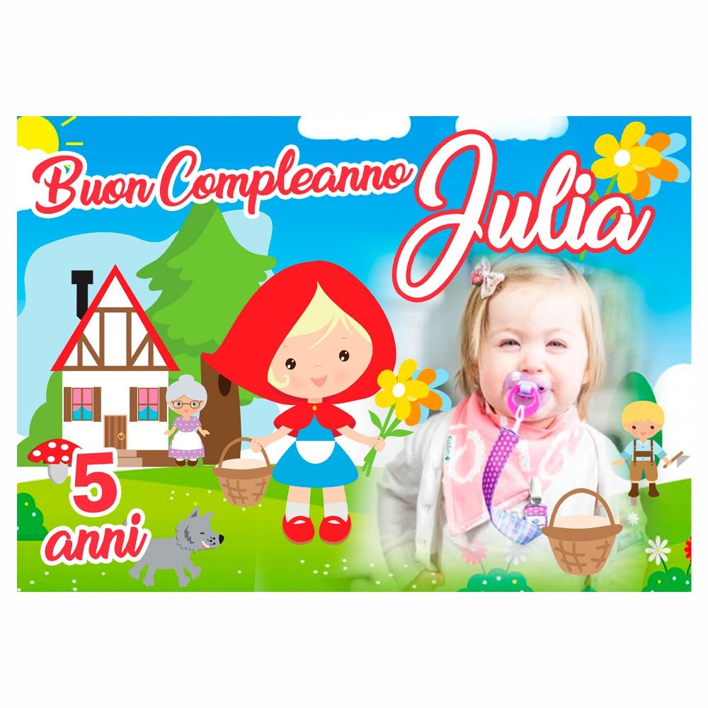 GLOBAL STRISCIONE FONDALE COMPLEANNO - Cappuccetto Rosso - STRISCIONE PERSONALIZZATO IN CARTA O IN BANNER PVC ANCHE DA ESTERNO GARANZIA 5 ANNI