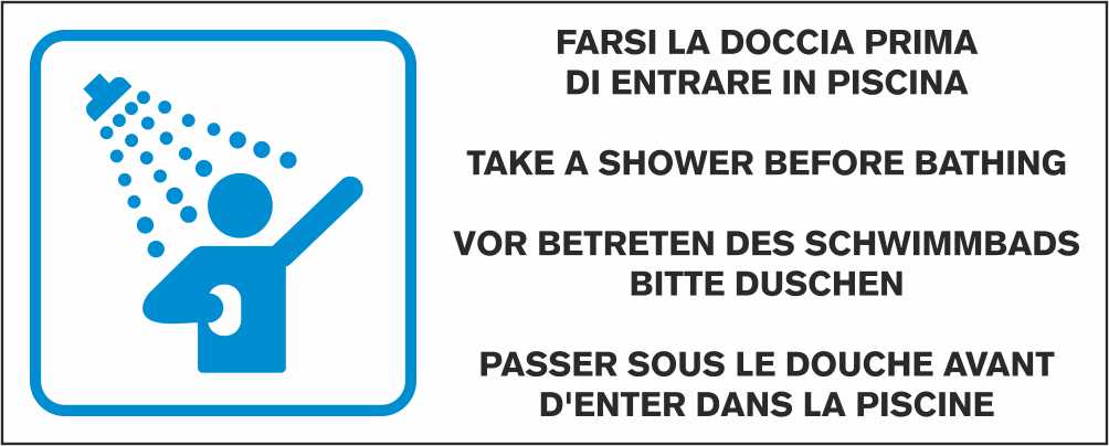 Multilingue farsi la doccia prima di entrare in piscina - CARTELLO SEGNALETICO UNI ISO 7010 in Adesivo Resistente, Pannello in Forex, Pannello In Alluminio