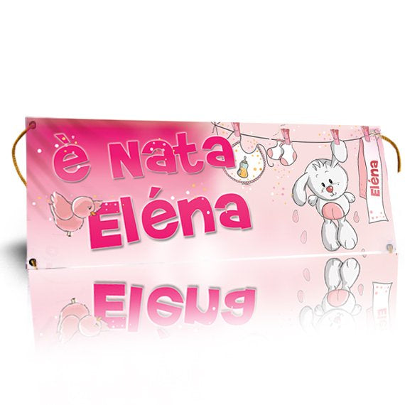 GLOBAL STRISCIONE FONDALE NASCITA - BAMBINA CON CONIGLIETTO - IN CARTA O IN BANNER PVC ANCHE DA ESTERNO GARANZIA 5 ANNI