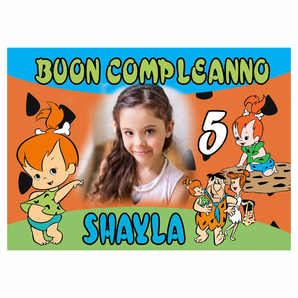 GLOBAL STRISCIONE FONDALE COMPLEANNO - Ciottolina Flinstones - STRISCIONE PERSONALIZZATO IN CARTA O IN BANNER PVC ANCHE DA ESTERNO GARANZIA 5 ANNI