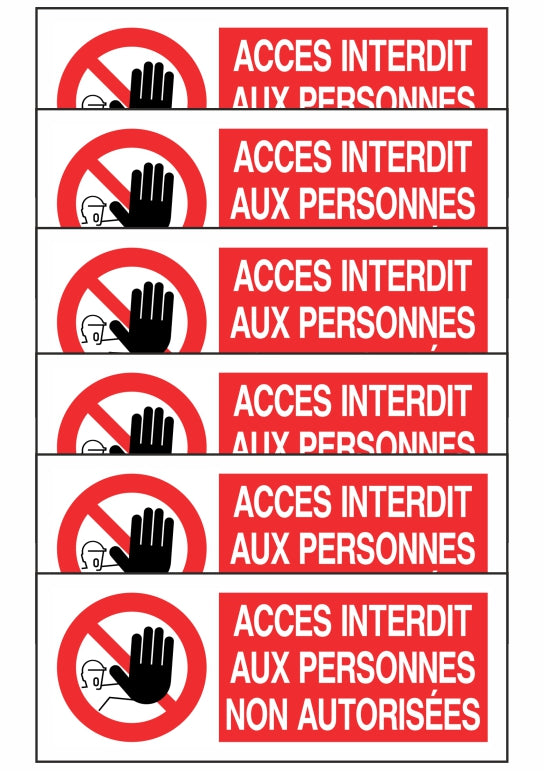 KIT DI 6 ADESIVI UNI - ACCES INTERDIT AUX PERSONNES NON AUTORISEES - Pittogramma ISO 7010 Con Stampa Diretta U.V. (IDEALE ANCHE PER ESTERNO)