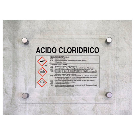 Global Targa Cartello in plexiglass - ACIDO CLORIDRICO RISCHI E CONSIGLI DI PRUDENZA - Con Distanziali in acciaio inox, Stampa UV.