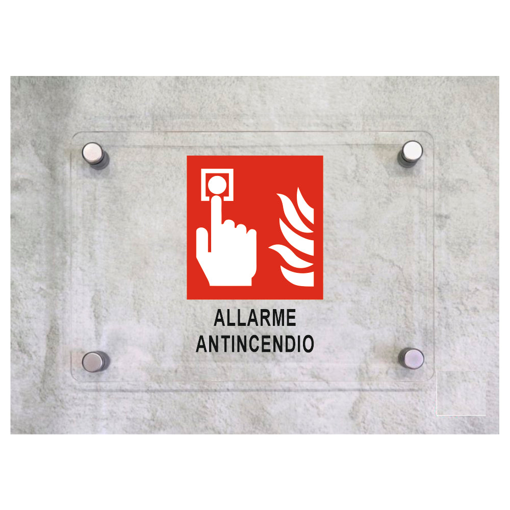 Global Targa Cartello in plexiglass - ALLARME ANTINCENIDO - Con Distanziali in acciaio inox, Stampa UV.