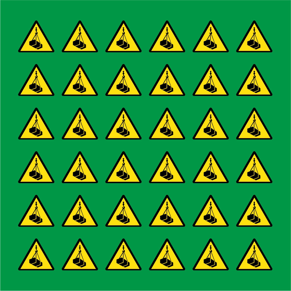 PACCO DA 6 KIT DI 6 ADESIVI TRIANGOLARI - ATTENZIONE AI CARICHI SOSPESI - Pittogramma ISO 7010 Con Stampa Diretta U.V.