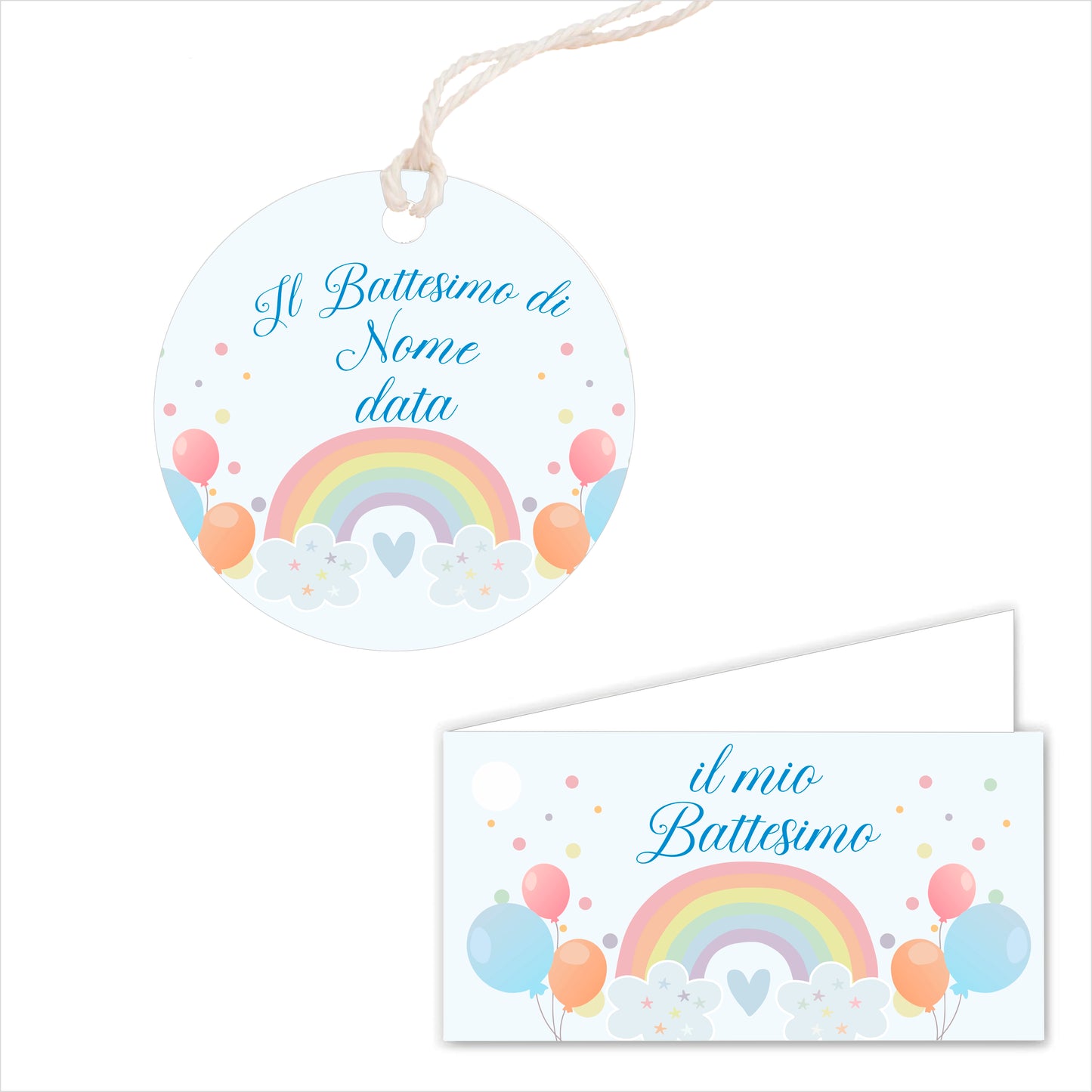 GLOBAL Bigliettini Bomboniera per Battesimo Personalizzato - ARCOBALENO - Bigliettini Bomboniera con piega, Bigliettini Bomboniera tondo, Personalizzati con Nome e Data, MADE IN ITALY