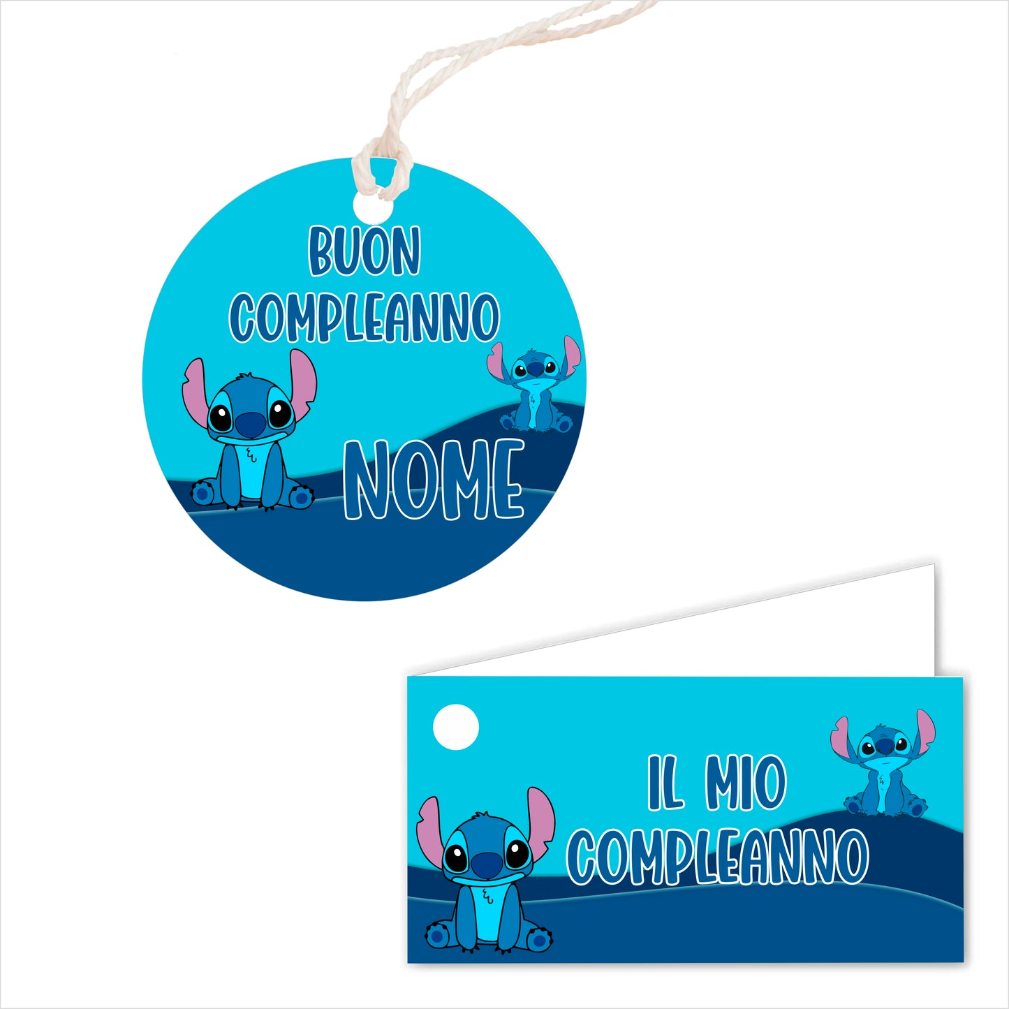 GLOBAL Bigliettini Bomboniera per Compleanno Personalizzato - LILO E STITCH - Bigliettini Bomboniera con piega, Bigliettini Bomboniera tondo, Personalizzati con Nome e Data, MADE IN ITAL
