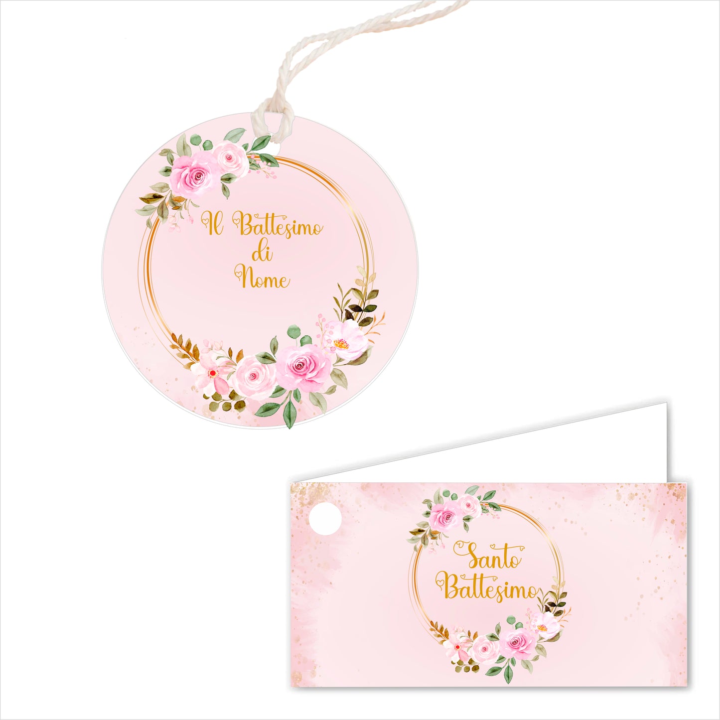 GLOBAL Bigliettini Bomboniera per Battesimo Personalizzato - CORNICE CON FIORI - Bigliettini Bomboniera con piega, Bigliettini Bomboniera tondo, Personalizzati con Nome e Data, MADE IN ITALY
