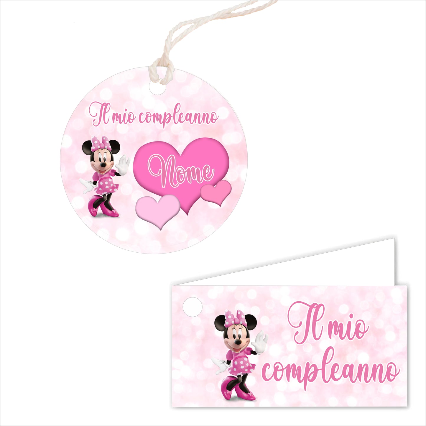 GLOBAL Bigliettini Bomboniera per Compleanno Personalizzato - MINNIE - Bigliettini Bomboniera con piega, Bigliettini Bomboniera tondo, Personalizzati con Nome e Data, MADE IN ITALY