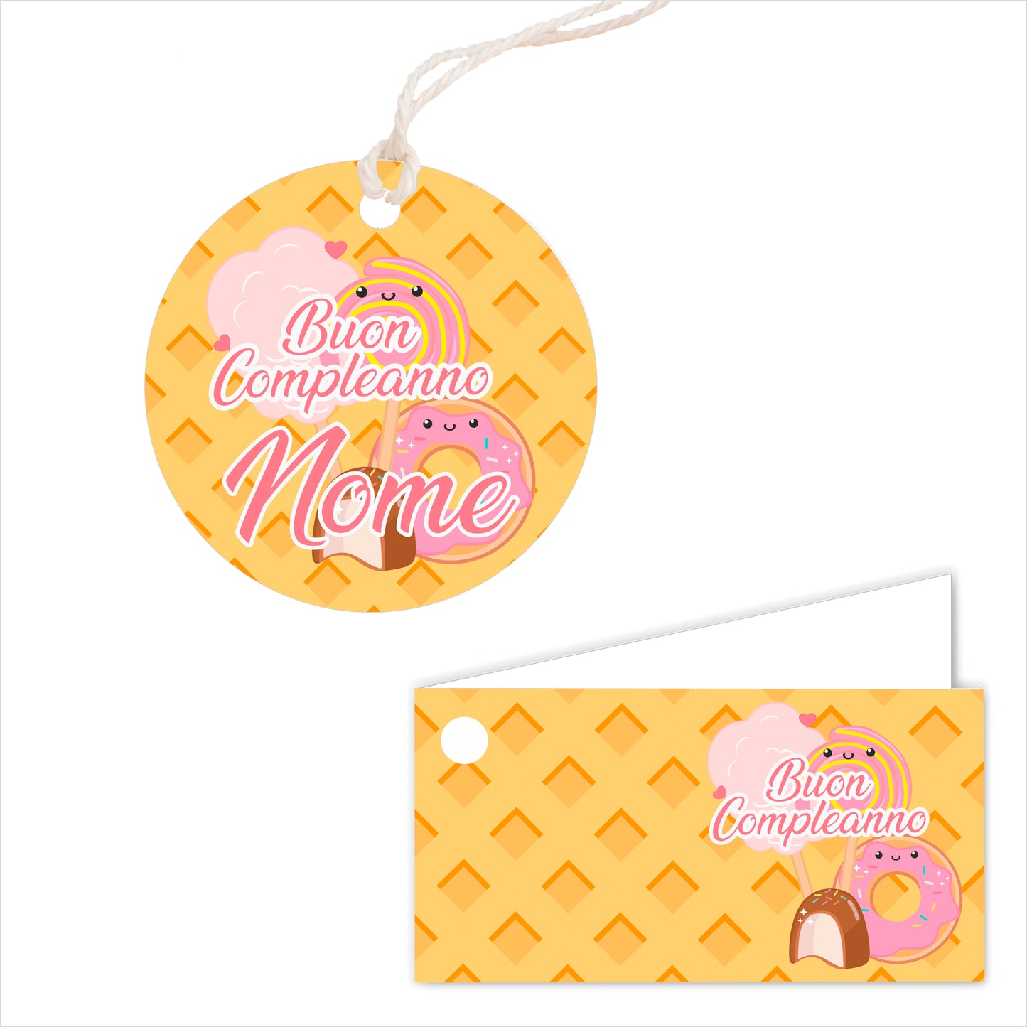 GLOBAL Bigliettini Bomboniera per Compleanno Personalizzato - DOLCI E CARAMELLE - Bigliettini Bomboniera con piega, Bigliettini Bomboniera tondo, Personalizzati con Nome e Data, MADE IN ITALY