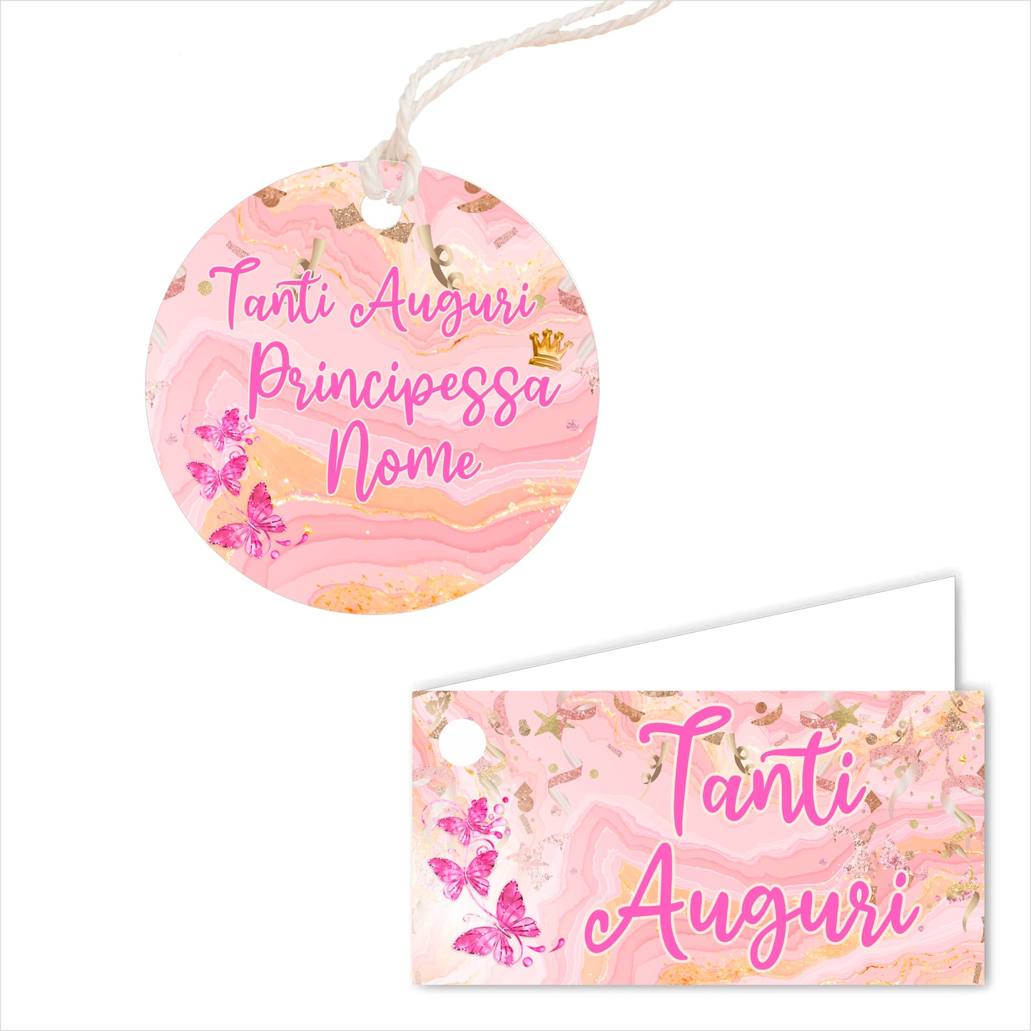 GLOBAL Bigliettini Bomboniera per Compleanno Personalizzato - FARFALLE ROSA - Bigliettini Bomboniera con piega, Bigliettini Bomboniera tondo, Personalizzati con Nome e Data, MADE IN ITALY