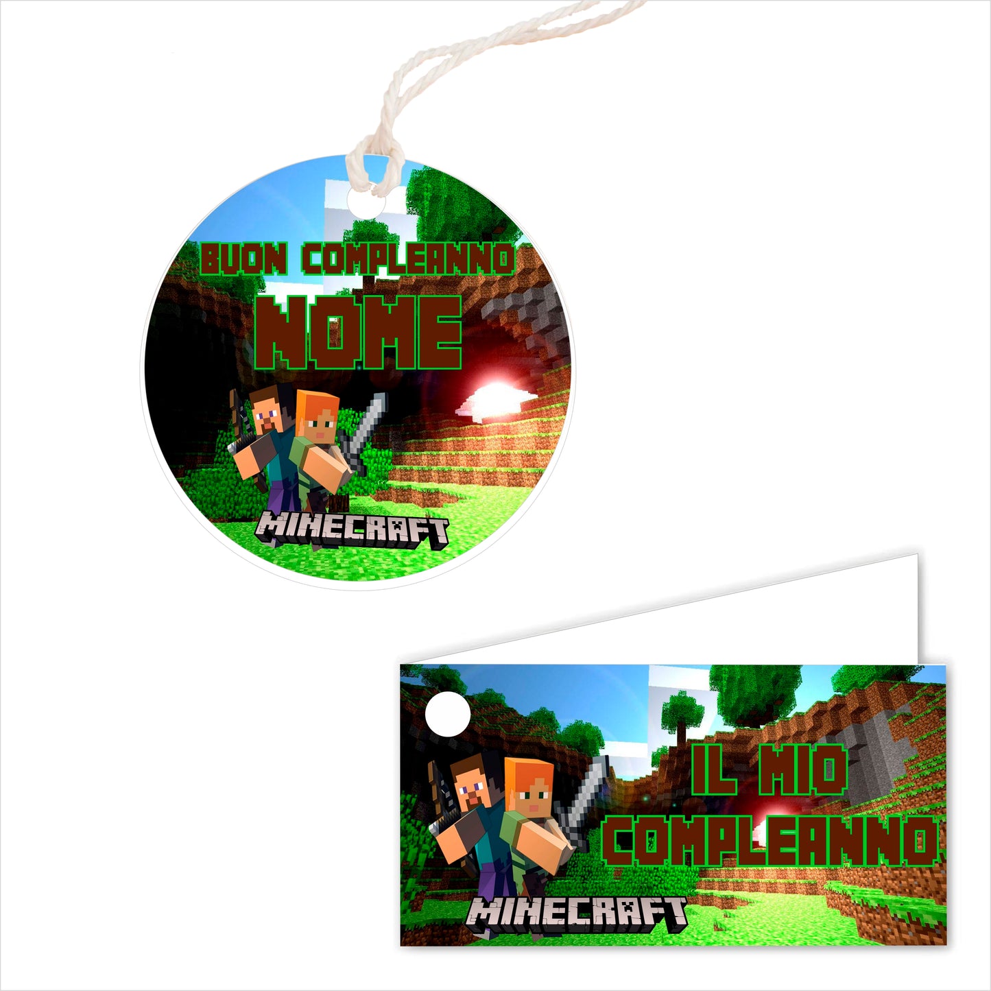 GLOBAL Bigliettini Bomboniera per Compleanno Personalizzato - MINECRAFT - Bigliettini Bomboniera con piega, Bigliettini Bomboniera tondo, Personalizzati con Nome e Data, MADE IN ITALY