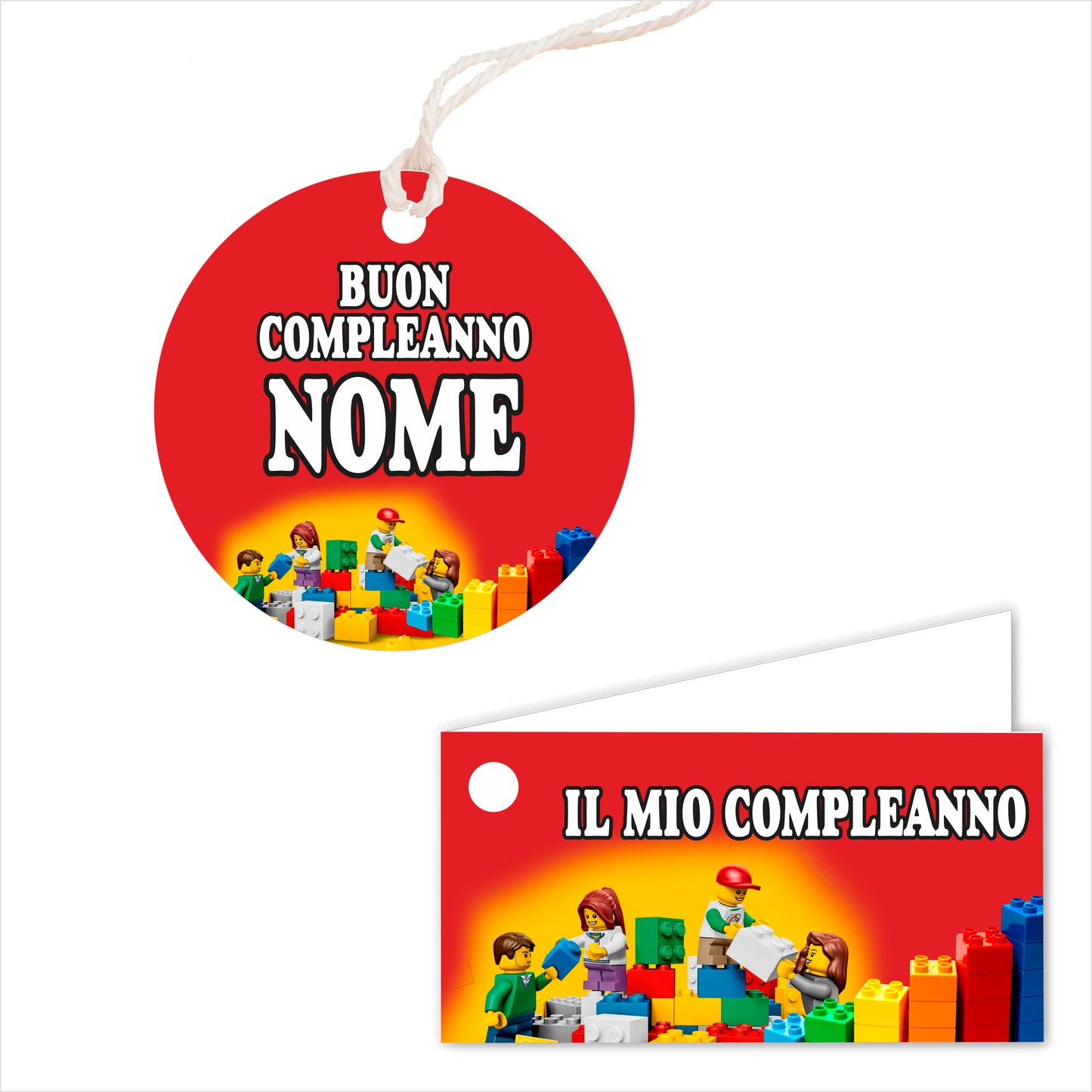 GLOBAL Bigliettini Bomboniera per Compleanno Personalizzato - LEGO - Bigliettini Bomboniera con piega, Bigliettini Bomboniera tondo, Personalizzati con Nome e Data, MADE IN ITALY