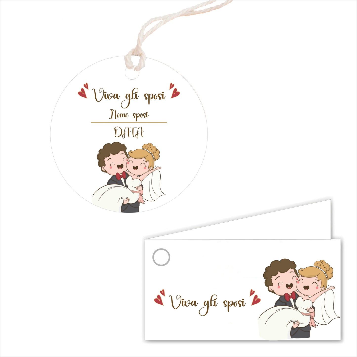 GLOBAL Bigliettini Bomboniera per Matrimonio Personalizzato - VIVA GLI SPOSI - Bigliettini Bomboniera con piega, Bigliettini Bomboniera tondo, Personalizzati con Nome e Data, MADE IN ITALY