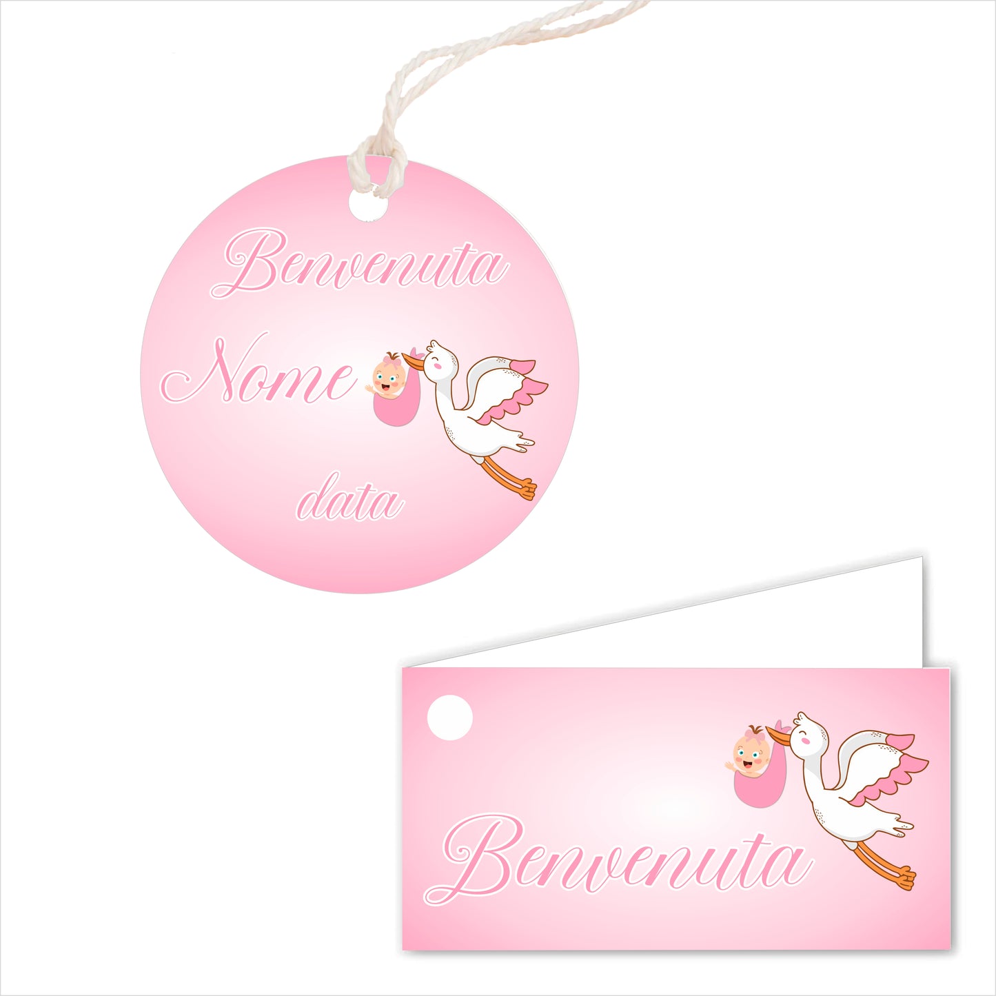 GLOBAL Bigliettini Bomboniera per Nascita Personalizzato - CICOGNA BIMBA - Bigliettini Bomboniera con piega, Bigliettini Bomboniera tondo, Personalizzati con Nome e Data, MADE IN ITALY