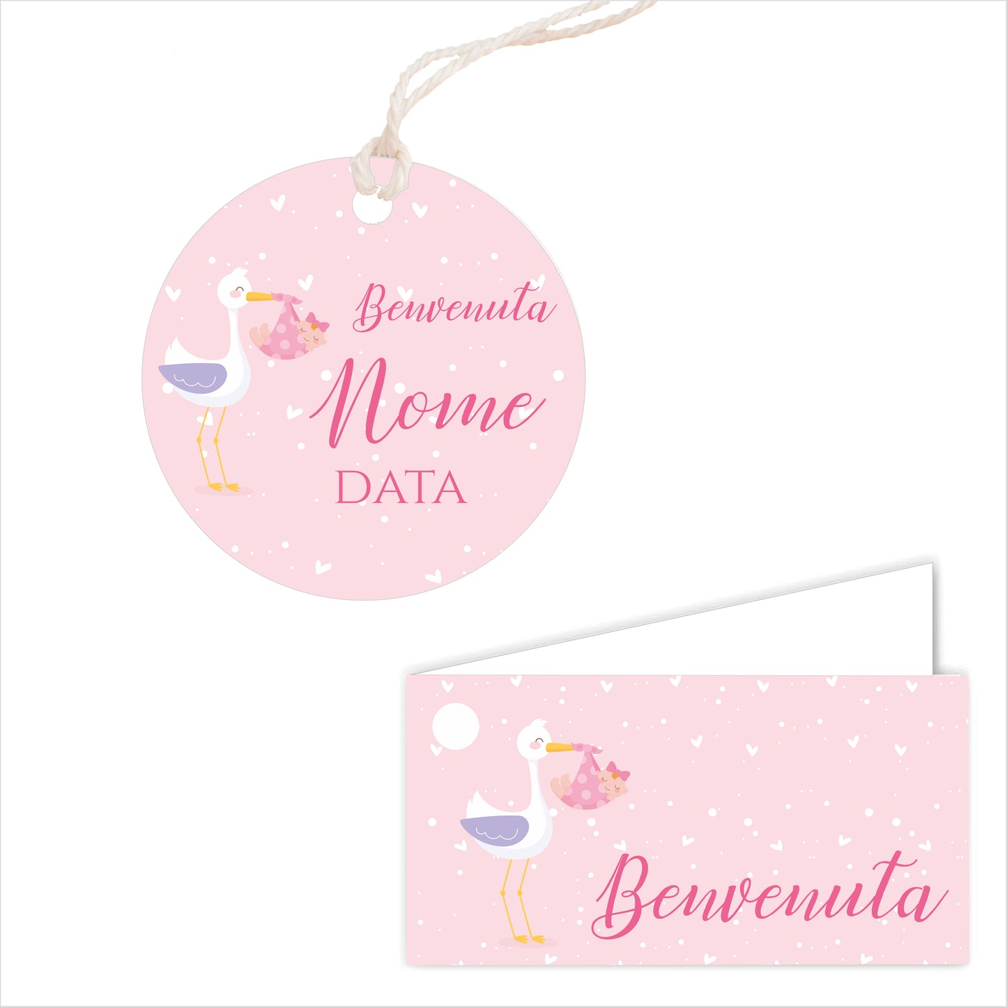 GLOBAL Bigliettini Bomboniera per Nascita Personalizzato - CICOGNA E CUORI BIMBA - Bigliettini Bomboniera con piega, Bigliettini Bomboniera tondo, Personalizzati con Nome e Data, MADE IN ITALY