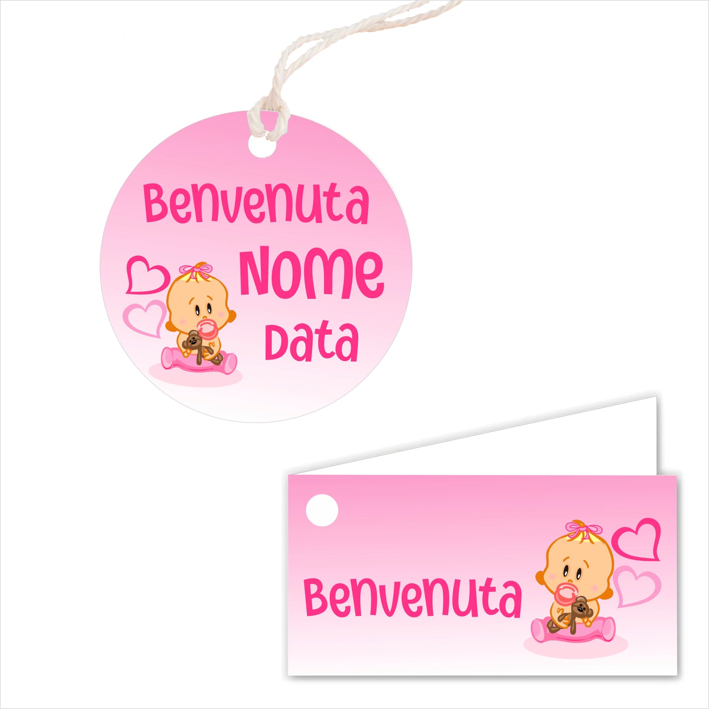 GLOBAL Bigliettini Bomboniera per Nascita Personalizzato - BIMBA E CIUCCIO - Bigliettini Bomboniera con piega, Bigliettini Bomboniera tondo, Personalizzati con Nome e Data, MADE IN ITALY