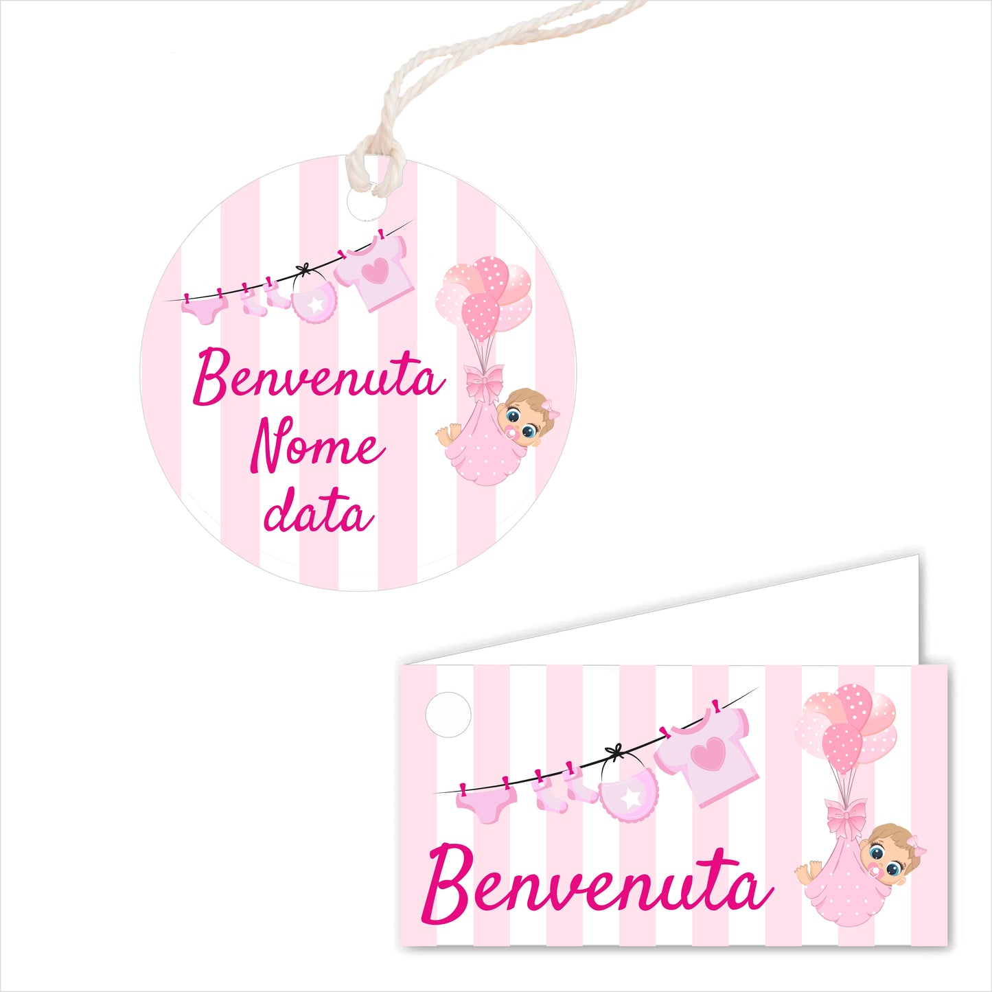 GLOBAL Bigliettini Bomboniera per Nascita Personalizzato - PALLONCINI BIMBA - Bigliettini Bomboniera con piega, Bigliettini Bomboniera tondo, Personalizzati con Nome e Data, MADE IN ITALY