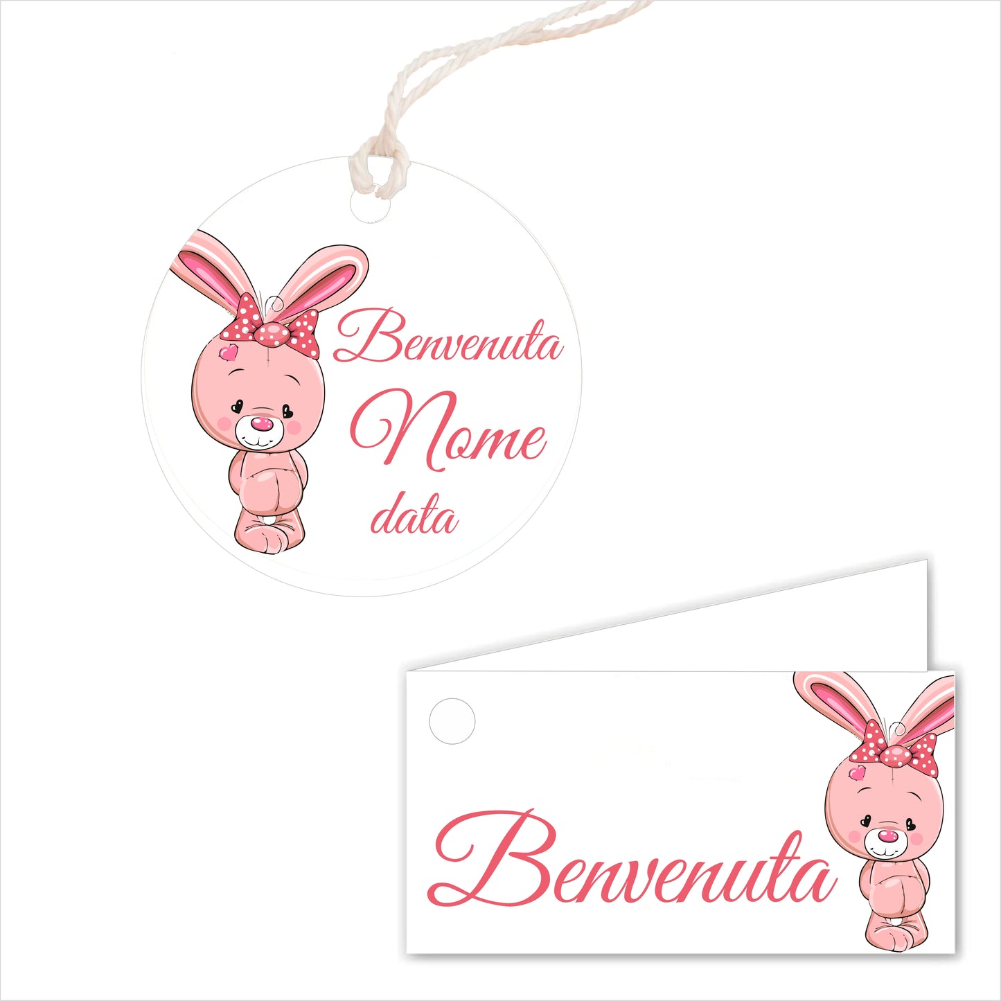 GLOBAL Bigliettini Bomboniera per Nascita Personalizzato - CONIGLIETTO BIMBA - Bigliettini Bomboniera con piega, Bigliettini Bomboniera tondo, Personalizzati con Nome e Data, MADE IN ITALY