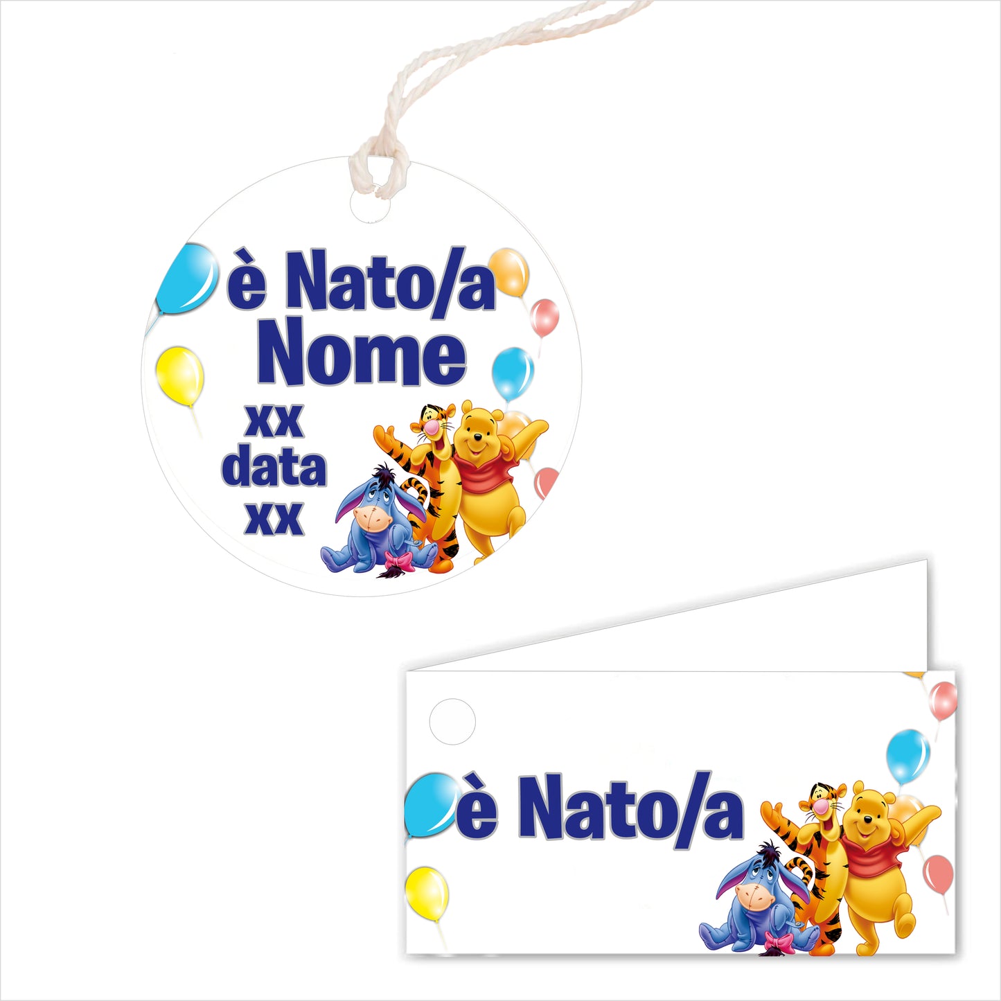 GLOBAL Bigliettini Bomboniera per Nascita Personalizzato - WINNIE THE POOH AND FRIENDS - Bigliettini Bomboniera con piega, Bigliettini Bomboniera tondo, Personalizzati con Nome e Data, MADE IN ITALY