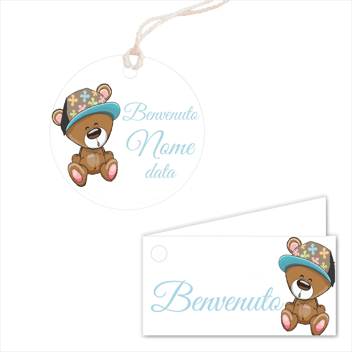 GLOBAL Bigliettini Bomboniera per Nascita Personalizzato - ORSETTO CON CAPPELLO BIMBO - Bigliettini Bomboniera con piega, Bigliettini Bomboniera tondo, Personalizzati con Nome e Data, MADE IN ITALY