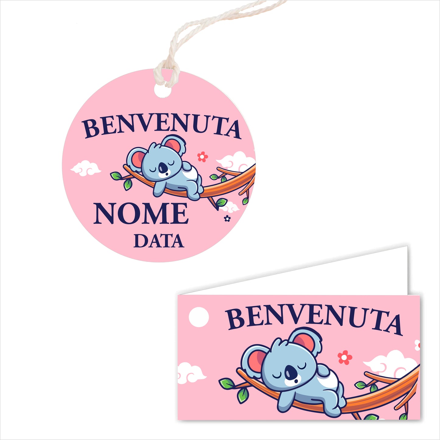 GLOBAL Bigliettini Bomboniera per Nascita Personalizzato - KOALA BIMBA - Bigliettini Bomboniera con piega, Bigliettini Bomboniera tondo, Personalizzati con Nome e Data, MADE IN ITALY