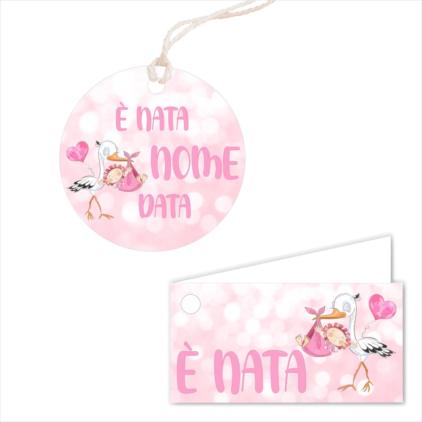 GLOBAL Bigliettini Bomboniera per Nascita Personalizzato - CICOGNA BIMBA MOD. 2 - Bigliettini Bomboniera con piega, Bigliettini Bomboniera tondo, Personalizzati con Nome e Data, MADE IN ITALY