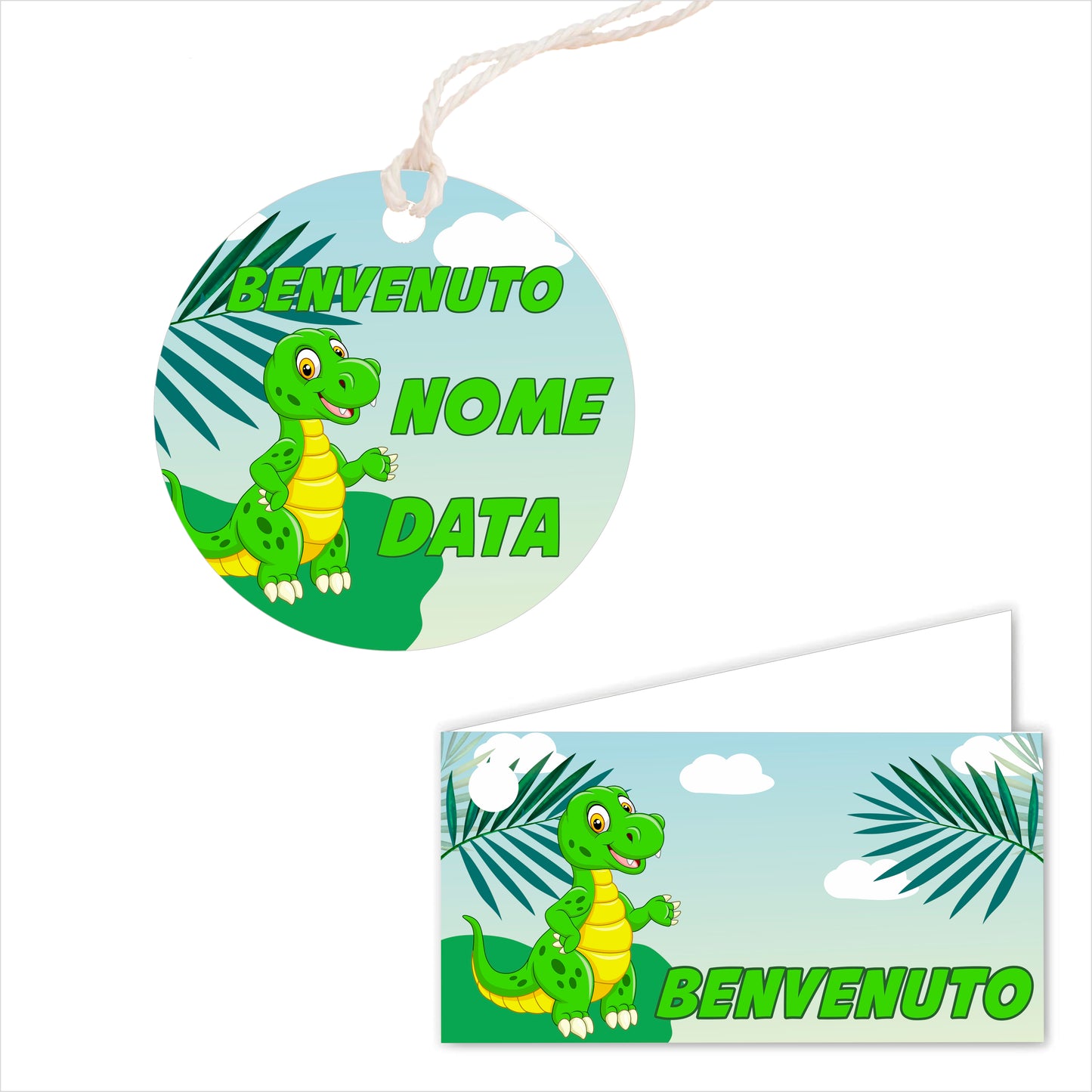 GLOBAL Bigliettini Bomboniera per Nascita Personalizzato - DINOSAURO - Bigliettini Bomboniera con piega, Bigliettini Bomboniera tondo, Personalizzati con Nome e Data, MADE IN ITALY