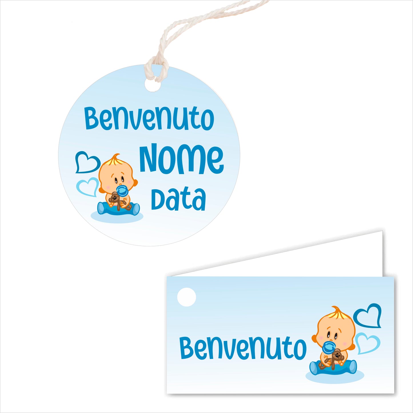 GLOBAL Bigliettini Bomboniera per Nascita Personalizzato - BIMBO E CIUCCIO - Bigliettini Bomboniera con piega, Bigliettini Bomboniera tondo, Personalizzati con Nome e Data, MADE IN ITALY