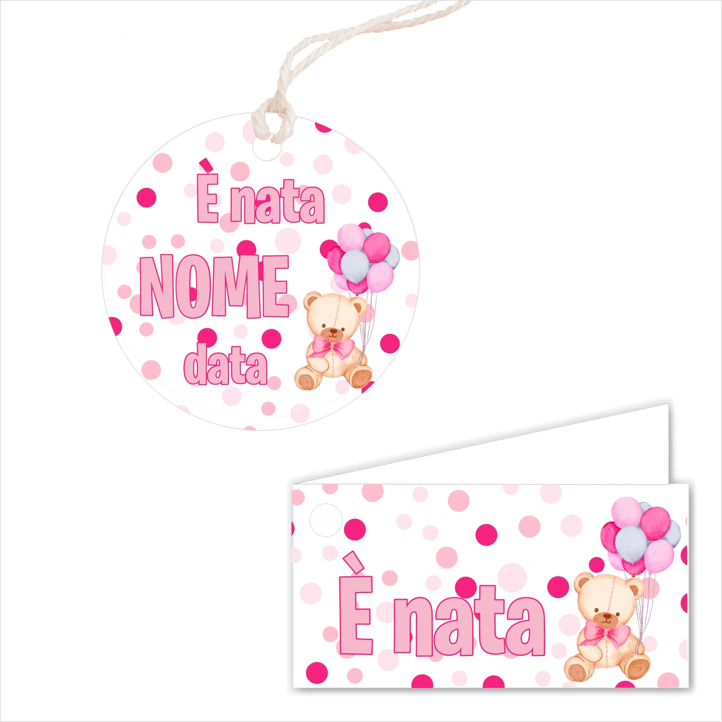 GLOBAL Bigliettini Bomboniera per Nascita Personalizzato - ORSETTO PALLONCINI BIMBA - Bigliettini Bomboniera con piega, Bigliettini Bomboniera tondo, Personalizzati con Nome e Data, MADE IN ITALY