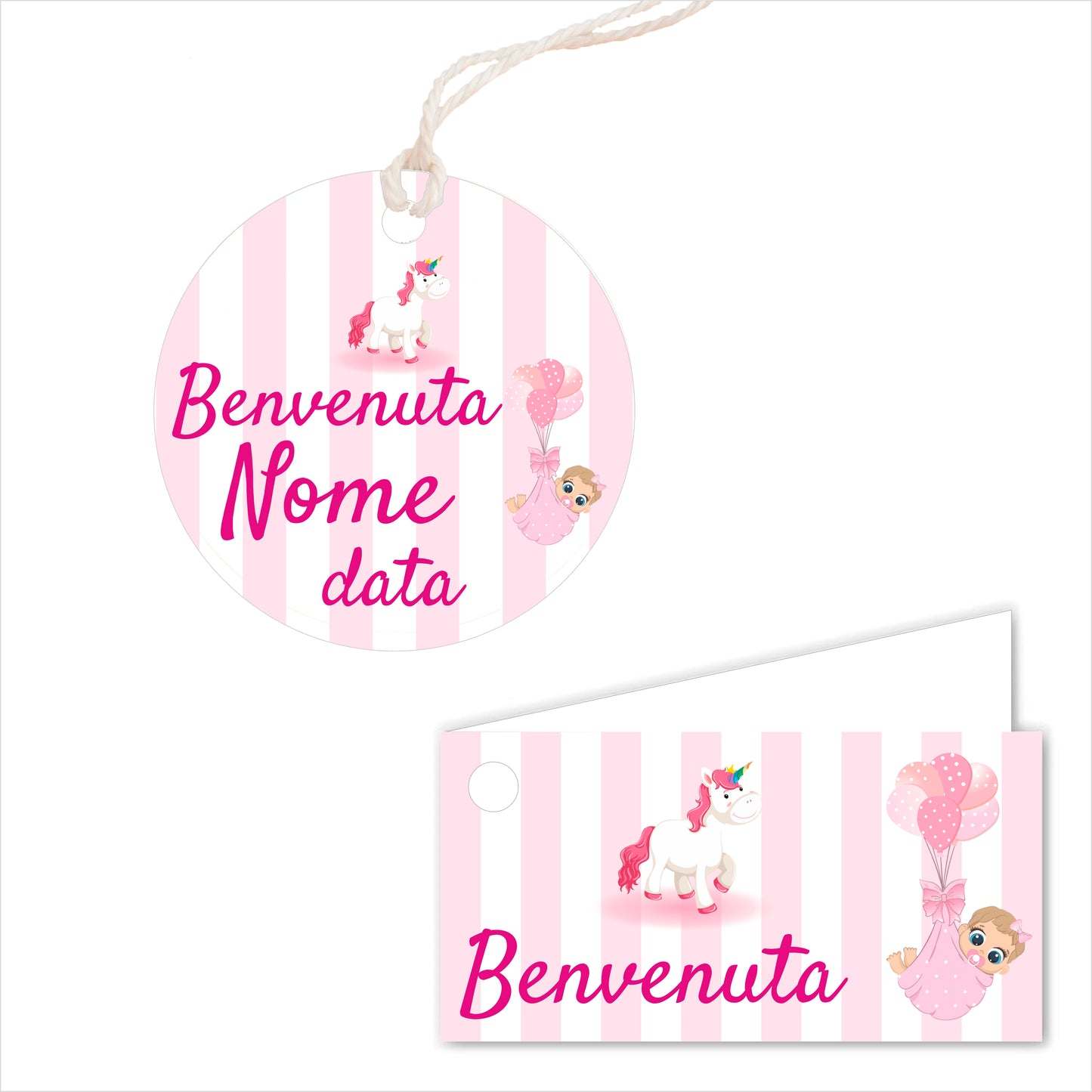 GLOBAL Bigliettini Bomboniera per Nascita Personalizzato - UNICORNO E PALLONCINI BIMBA - Bigliettini Bomboniera con piega, Bigliettini Bomboniera tondo, Personalizzati con Nome e Data, MADE IN ITALY