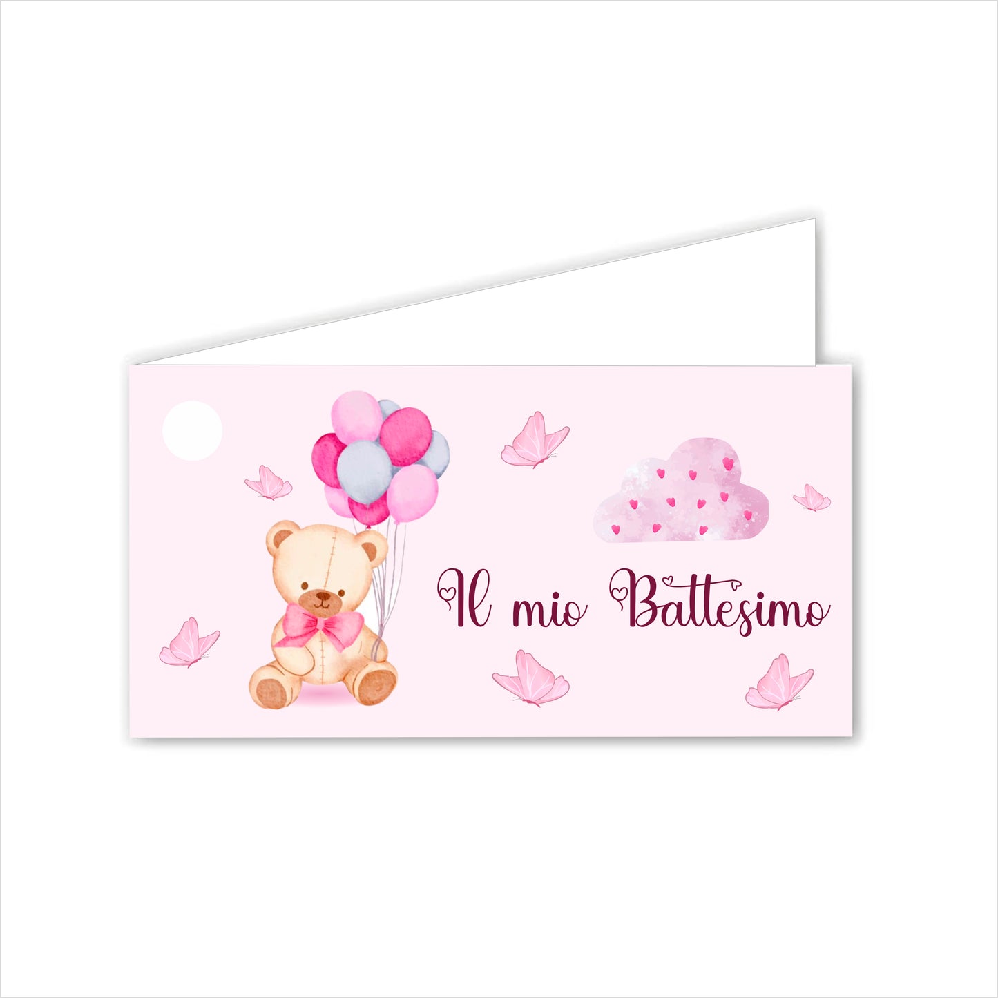 GLOBAL Bigliettini Bomboniera per Battesimo Personalizzato - ORSETTO E PALLONCINI BIMBA - Bigliettini Bomboniera con piega, Bigliettini Bomboniera tondo, Personalizzati con Nome e Data, MADE IN ITALY