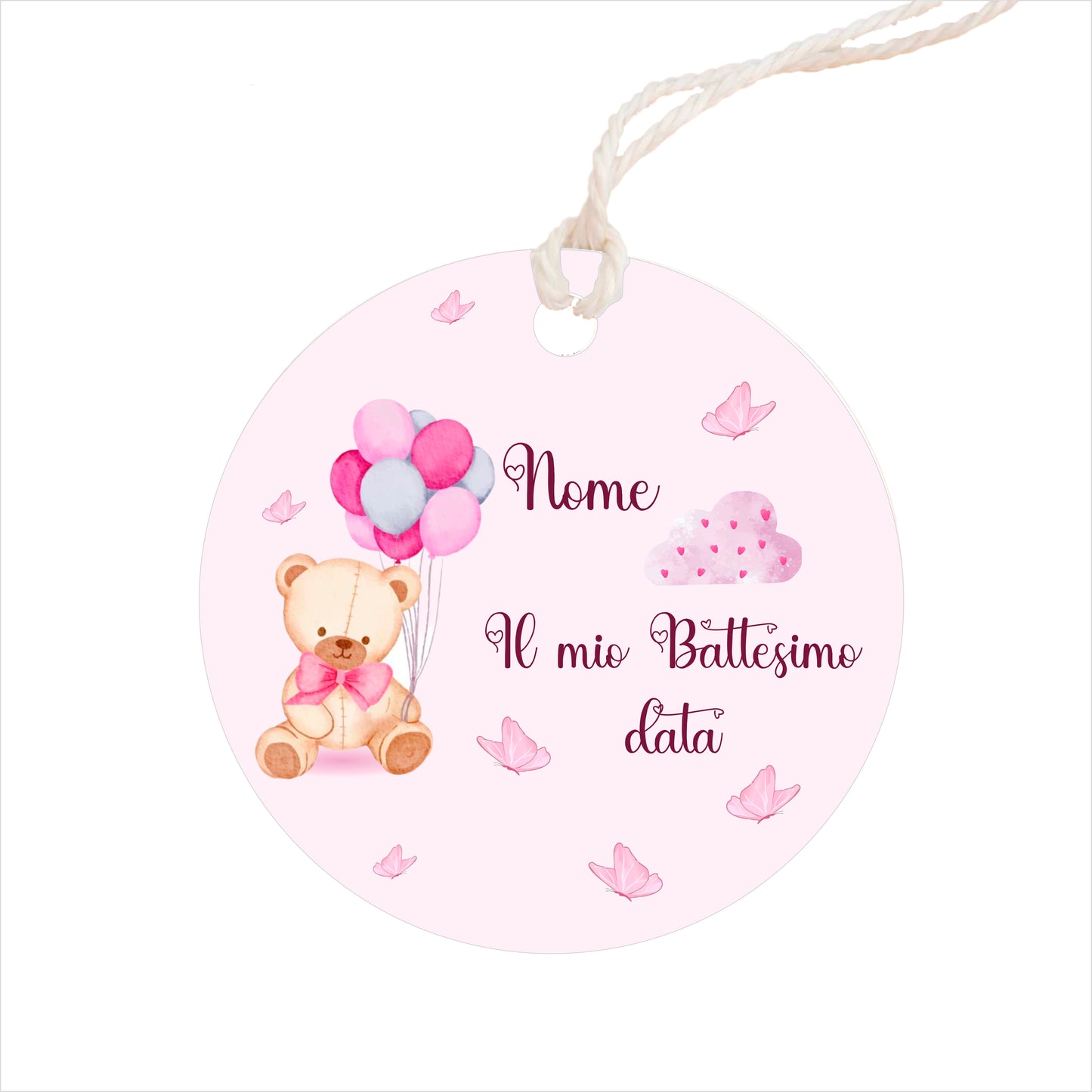 GLOBAL Bigliettini Bomboniera per Battesimo Personalizzato - ORSETTO E PALLONCINI BIMBA - Bigliettini Bomboniera con piega, Bigliettini Bomboniera tondo, Personalizzati con Nome e Data, MADE IN ITALY