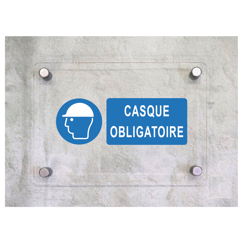 Global Targa Cartello in plexiglass UNI - CASQUE OBLIGATOIRE - Con Distanziali in acciaio inox, Stampa UV
