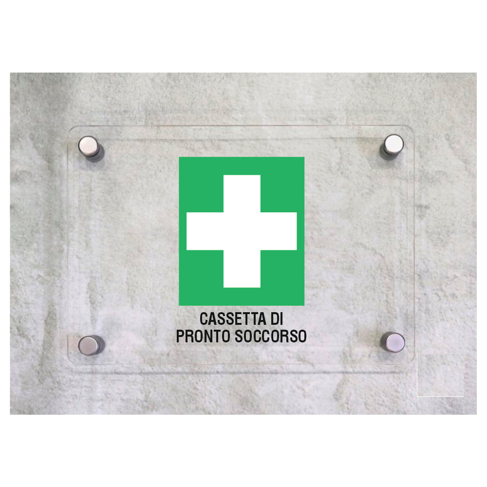 Global Targa Cartello in plexiglass - CASSETTA DI PRONTO SOCCORSO - Con Distanziali in acciaio inox, Stampa UV.