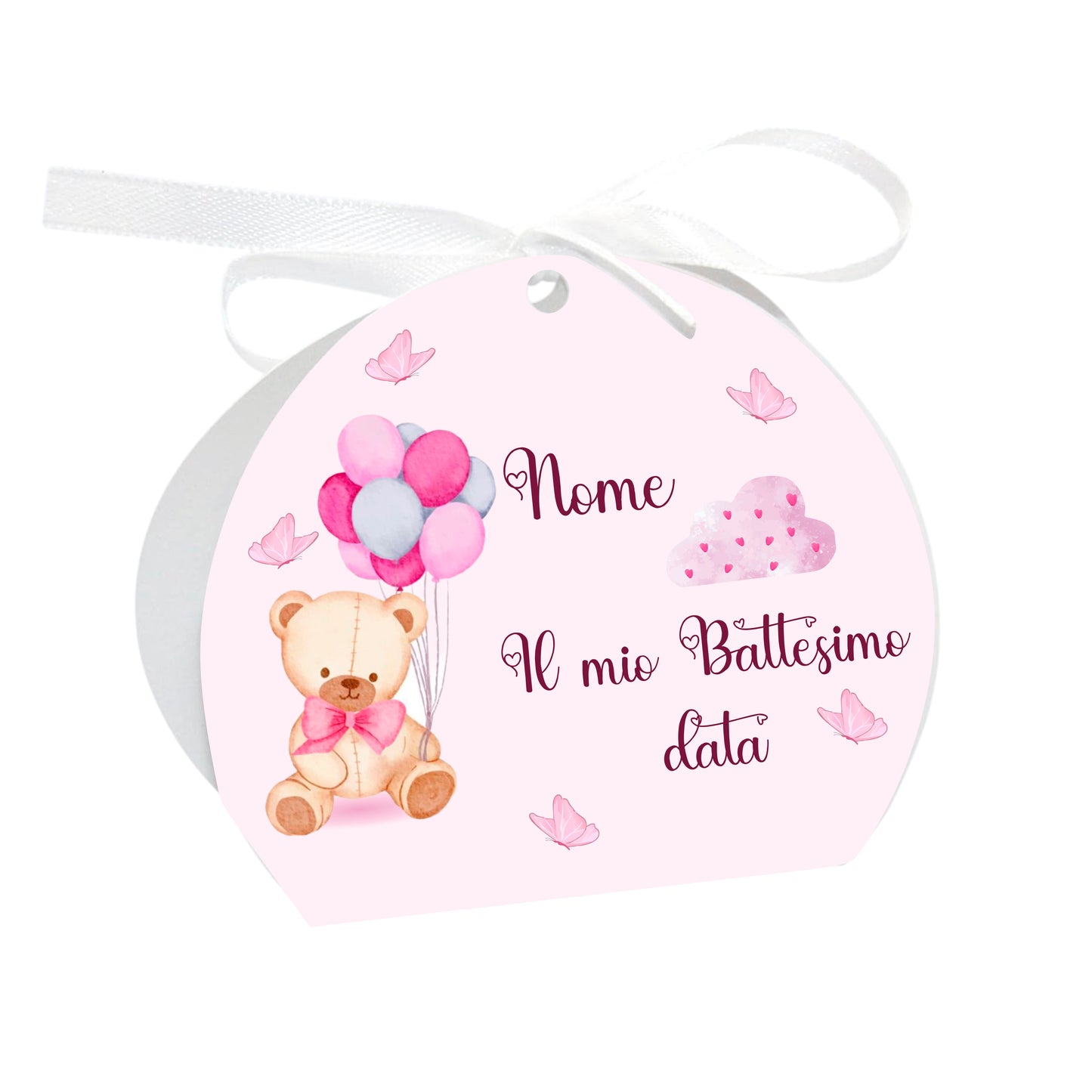 GLOBAL Scatole Portaconfetti per Battesimo Personalizzate - ORSETTO E PALLONCINI BIMBA - Scatoline Bomboniere battesimo con nastrino personalizzato MADE IN ITALY
