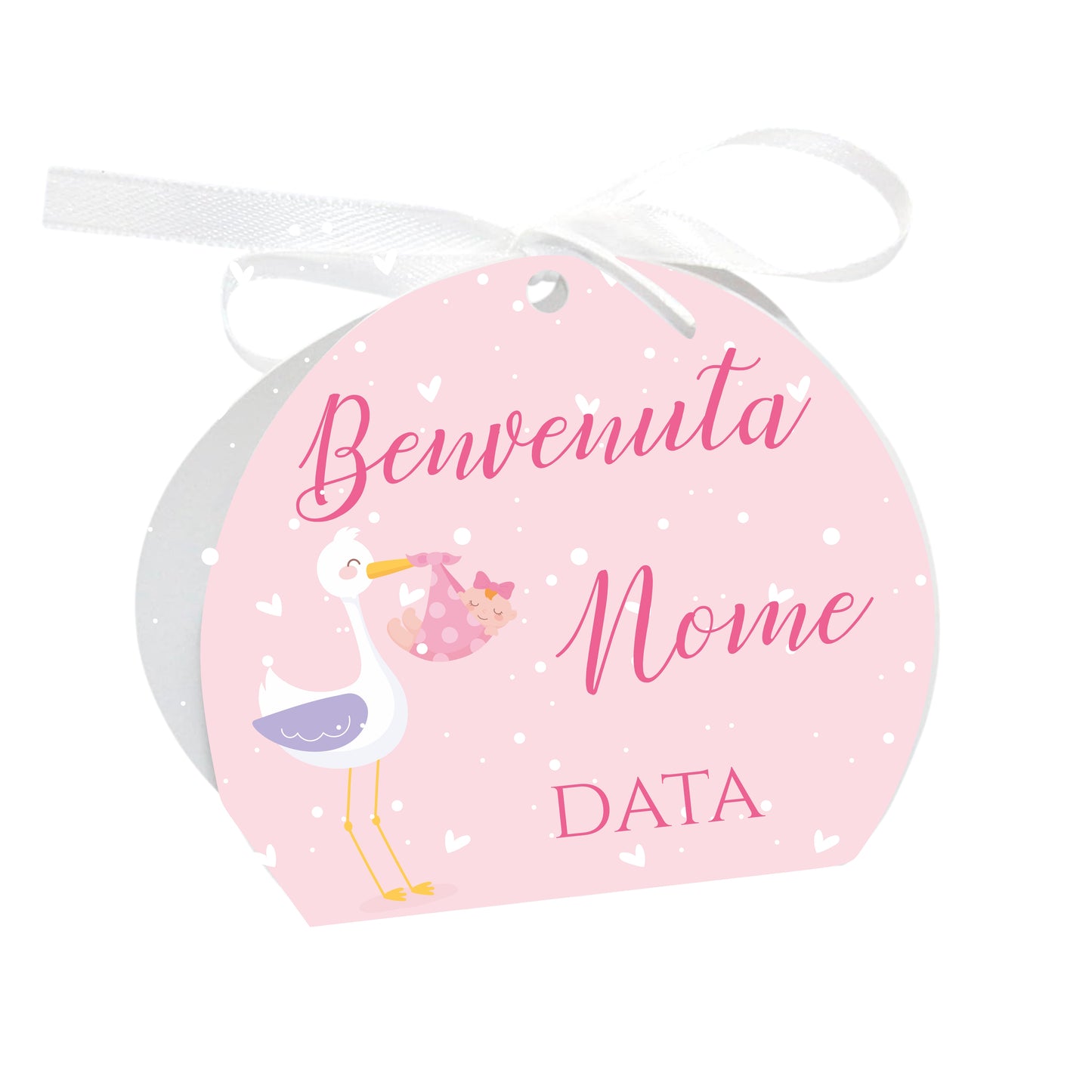 GLOBAL Scatole Portaconfetti per Nascita Personalizzate - CICOGNA E CUORI BIMBA - Scatoline Bomboniere nascita con nastrino personalizzato MADE IN ITALY