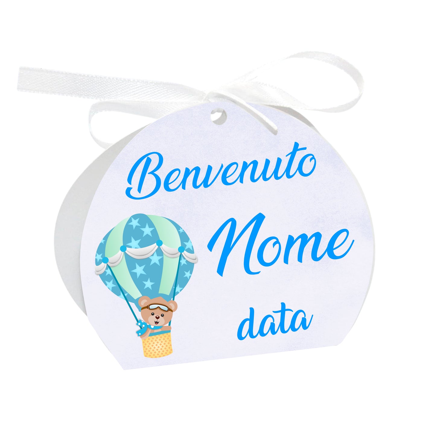 GLOBAL Scatole Portaconfetti per Nascita Personalizzate - ORSETTO IN MONGOLFIERA - Scatoline Bomboniere nascita con nastrino personalizzato MADE IN ITALY